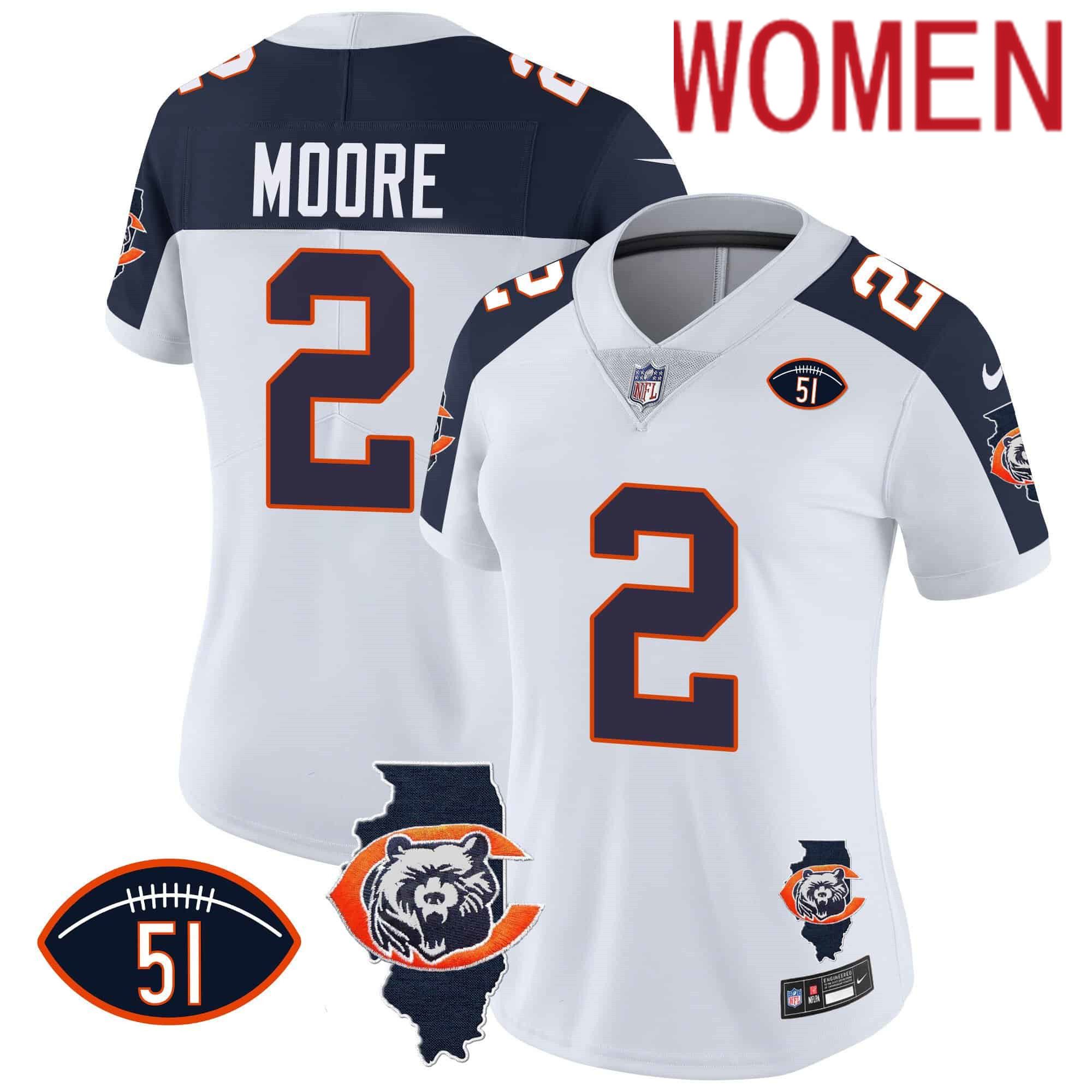 Women Chicago Bears #2 Moore White 2024 Nike Throwback Illinois Patch Vapor NFL Jersey style 2